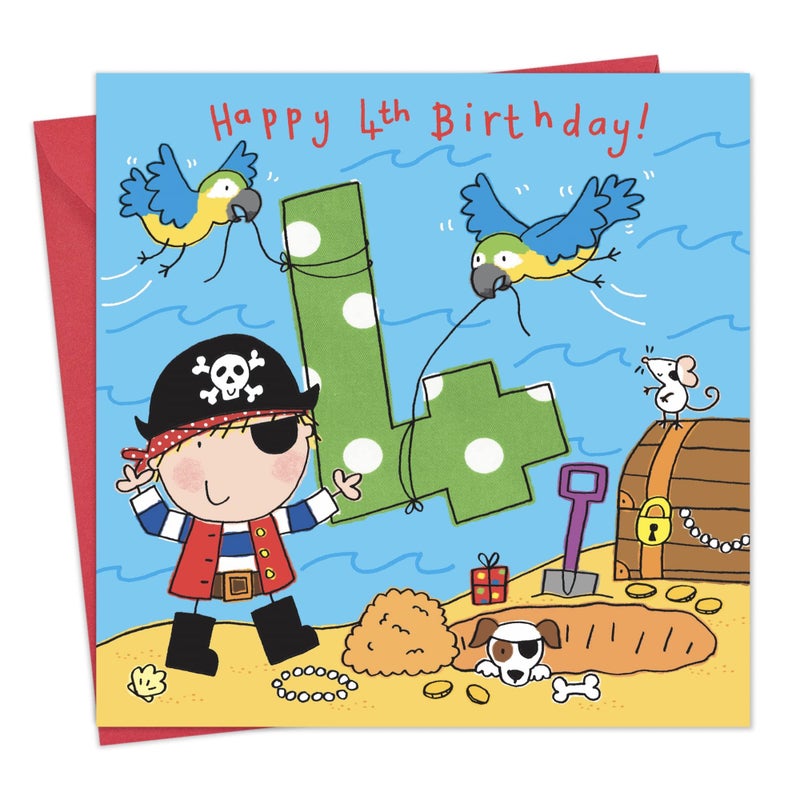 Twizler 4th Birthday Card Boy Pirate â€“ Age 4 Birthday Card â€“ Boys Birthday Card Age 4 â€“ Happy Birthday Card 4 Year Old Boy - Childrens Birthday Cards â€“ Happy Birthday Card Boy â€“ Card Age 4 Boy - Image 1